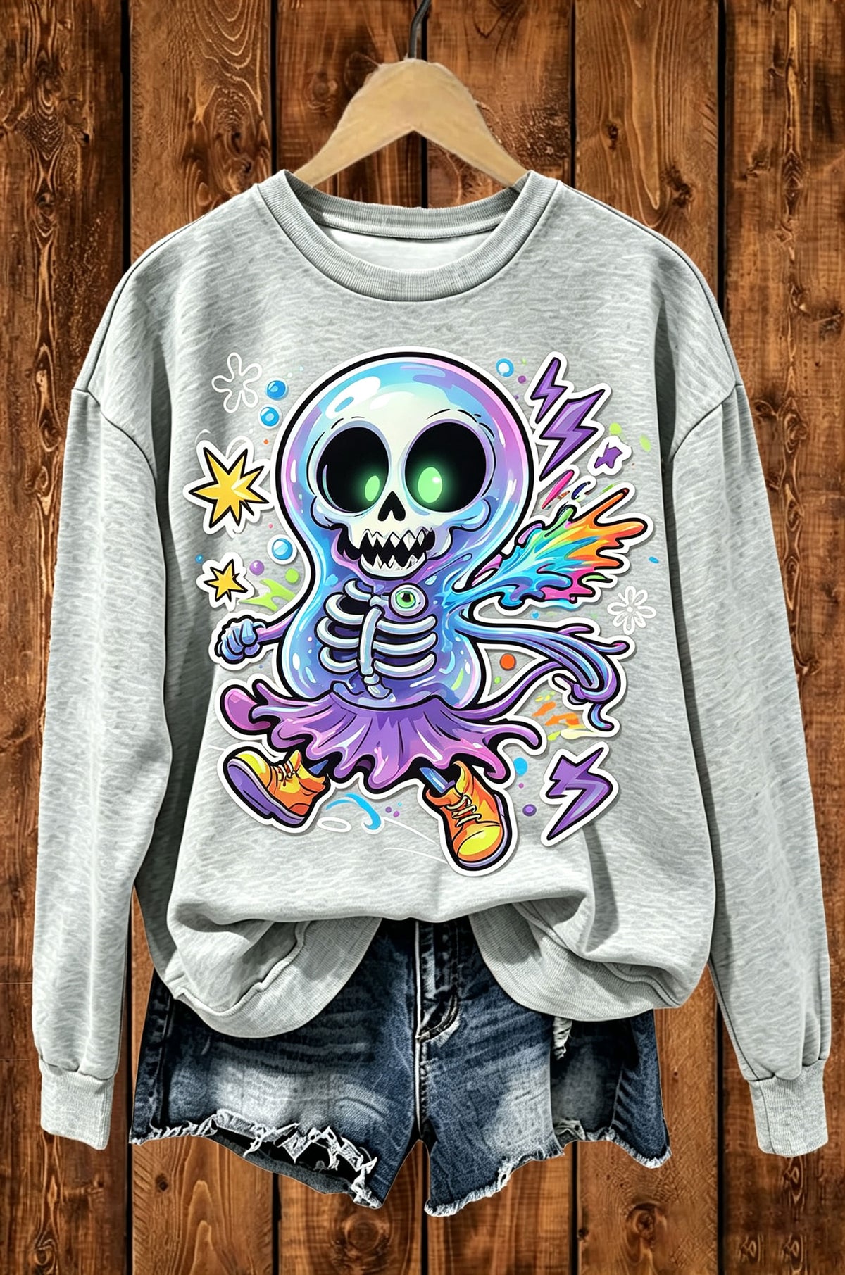 Neon Skeleton Ghost Trippy Cartoon Crewneck Sweatshirt