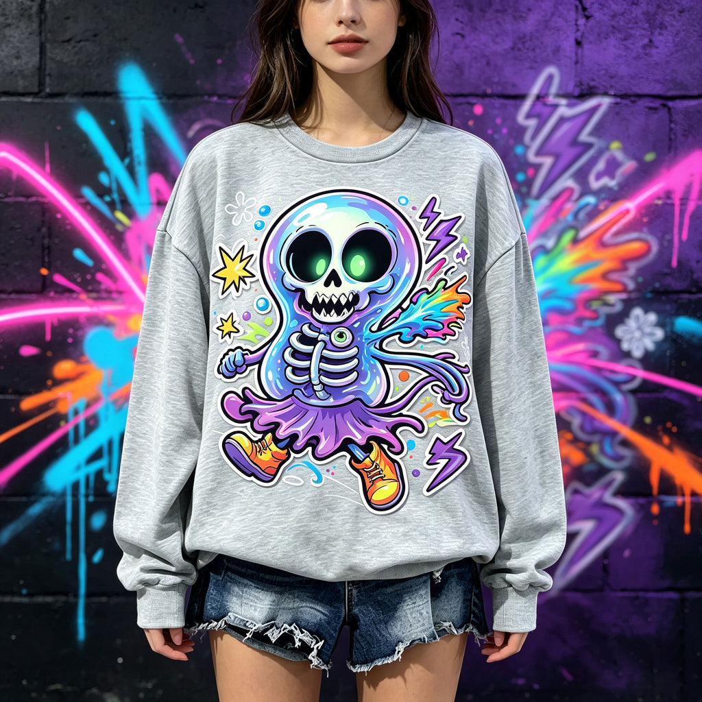 Neon Skeleton Ghost Trippy Cartoon Crewneck Sweatshirt