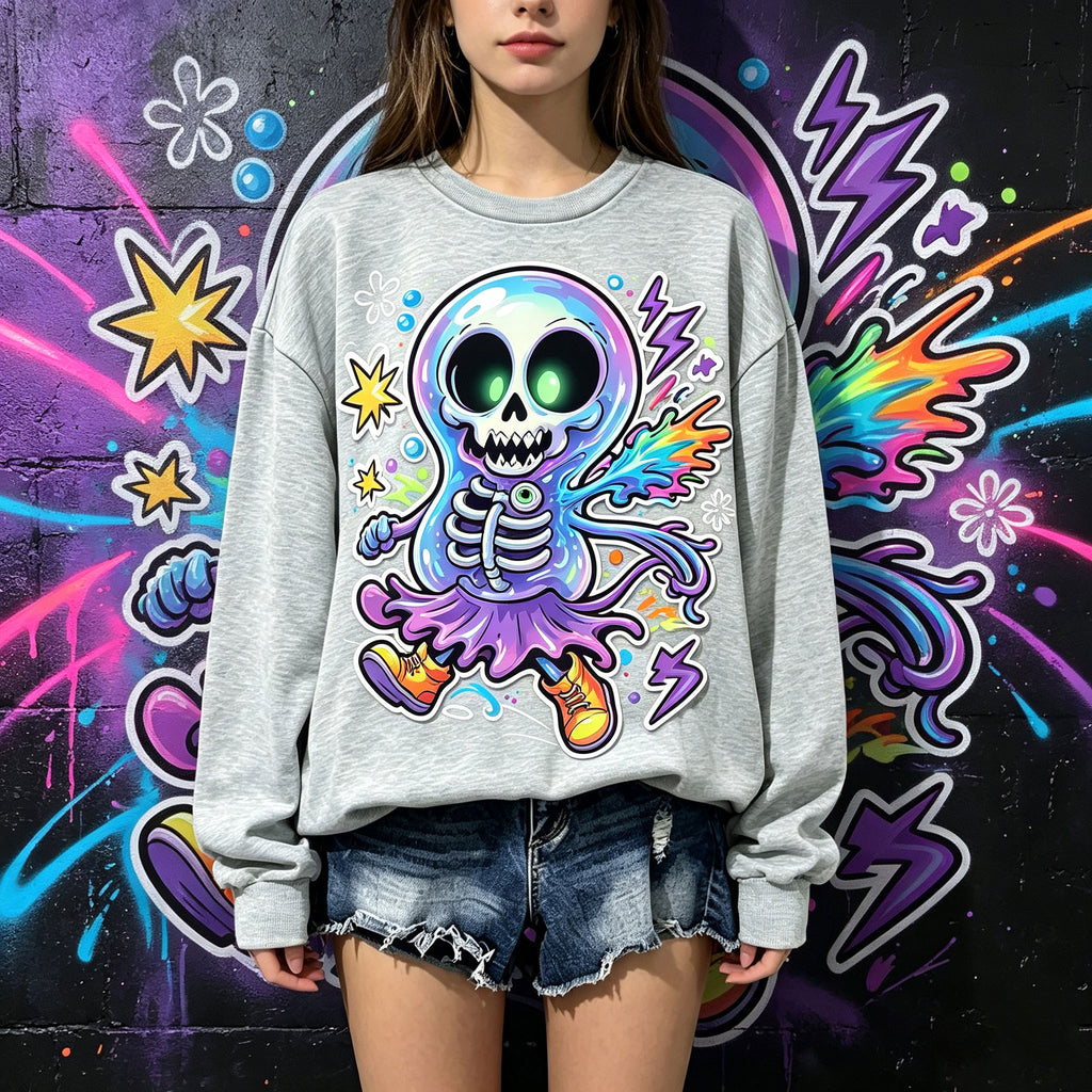 Neon Skeleton Ghost Trippy Cartoon Crewneck Sweatshirt