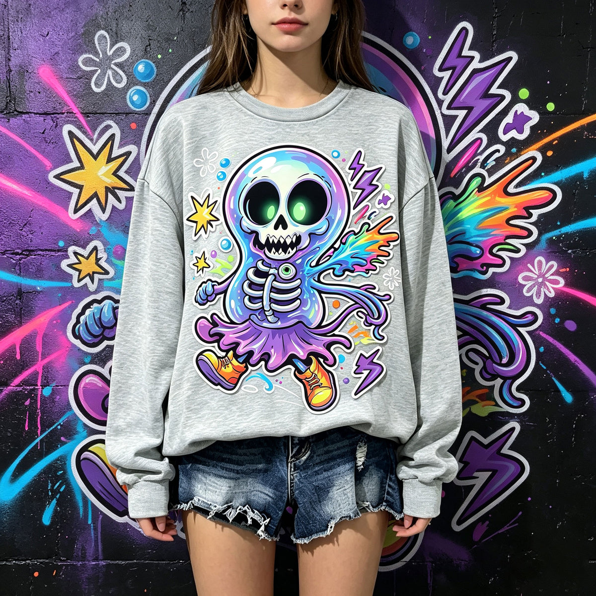 Neon Skeleton Ghost Trippy Cartoon Crewneck Sweatshirt