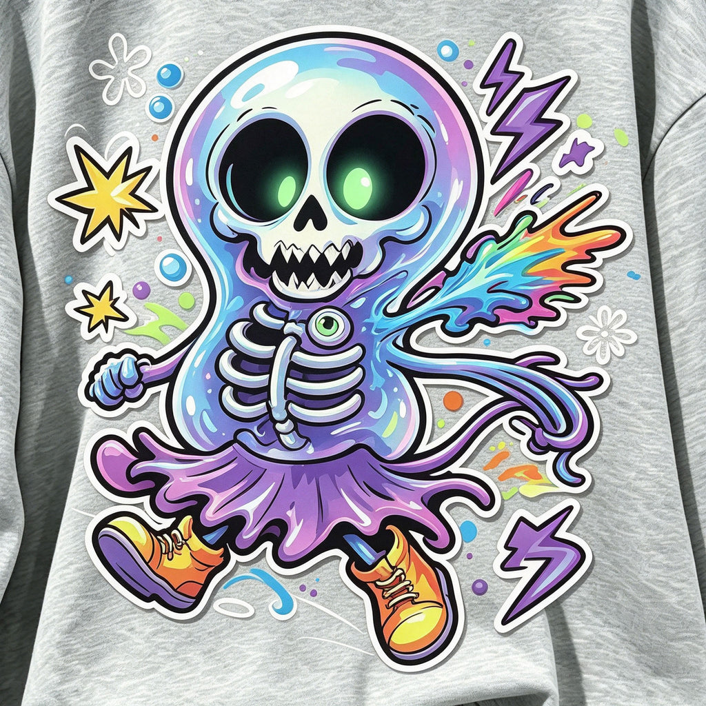Neon Skeleton Ghost Trippy Cartoon Crewneck Sweatshirt