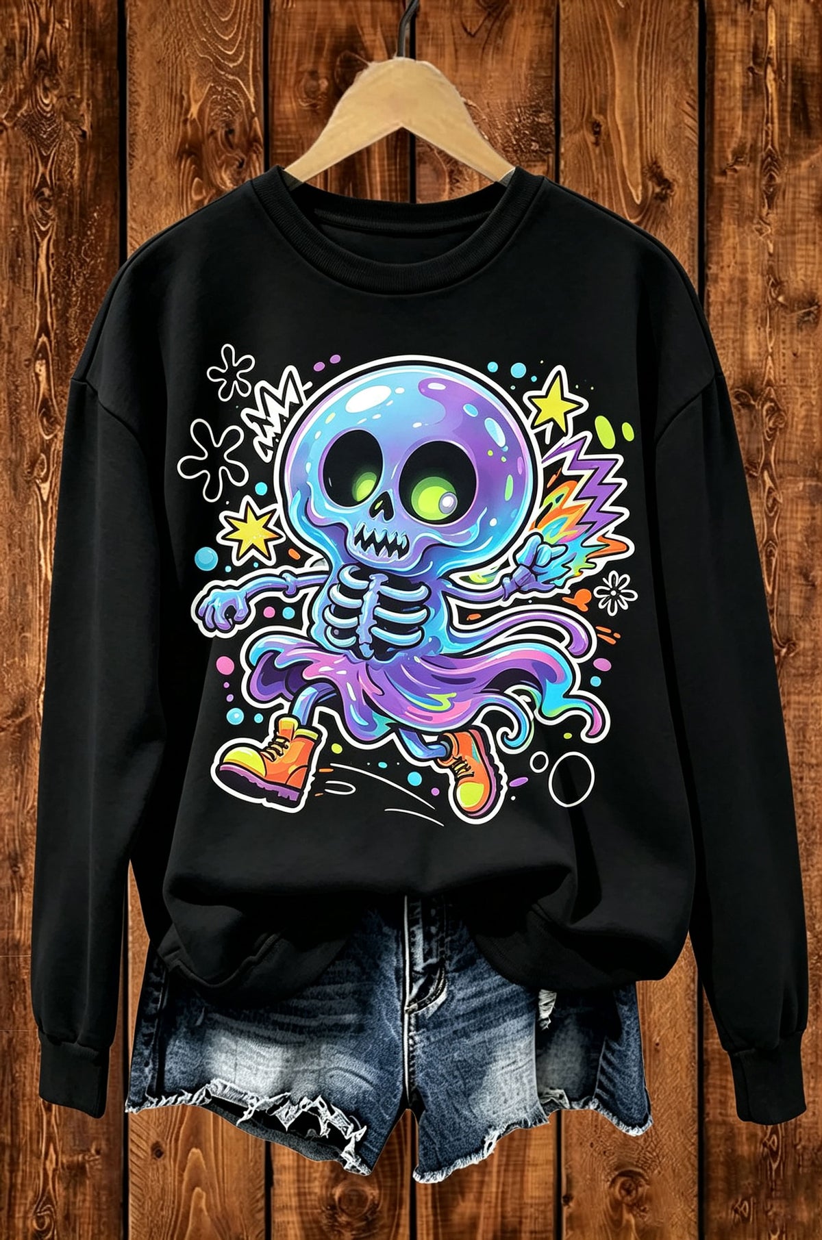 Neon Skeleton Ghost Trippy Cartoon Crewneck Sweatshirt
