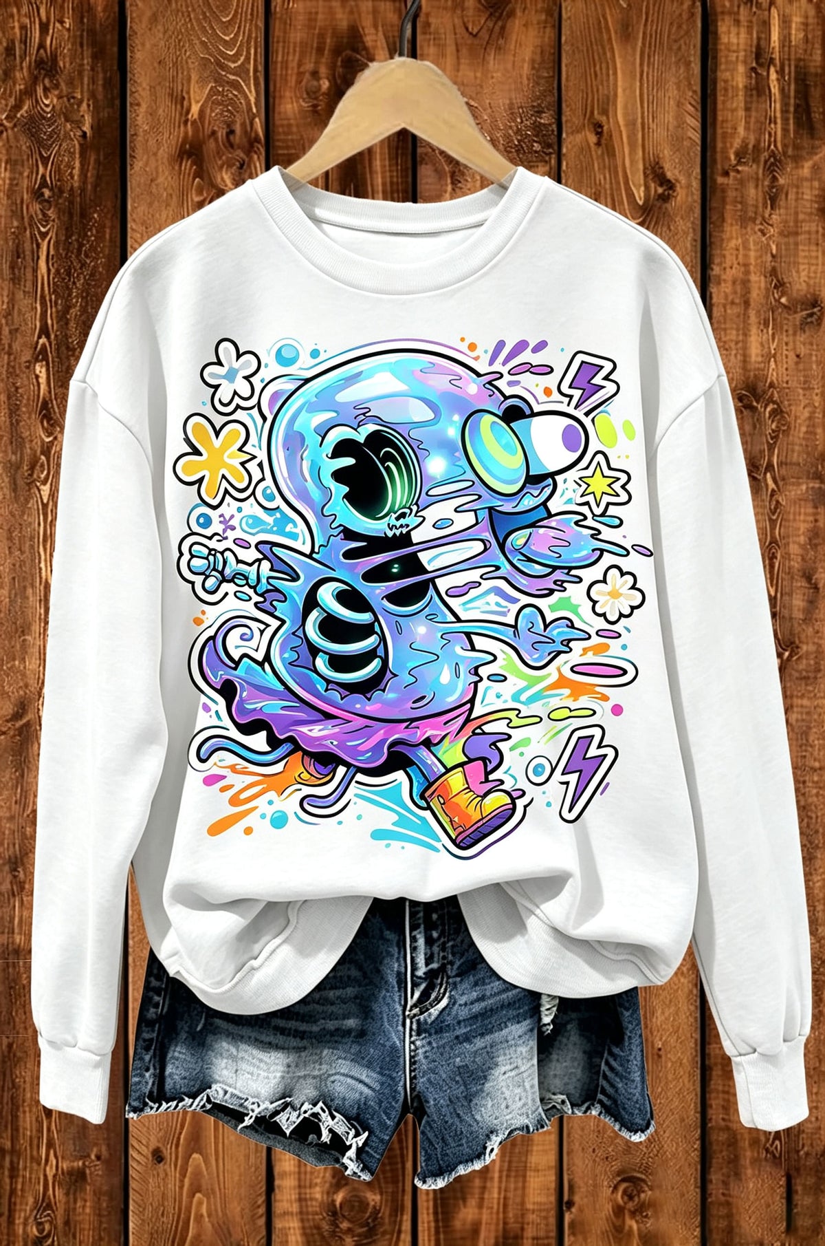 Neon Skeleton Ghost Trippy Cartoon Crewneck Sweatshirt