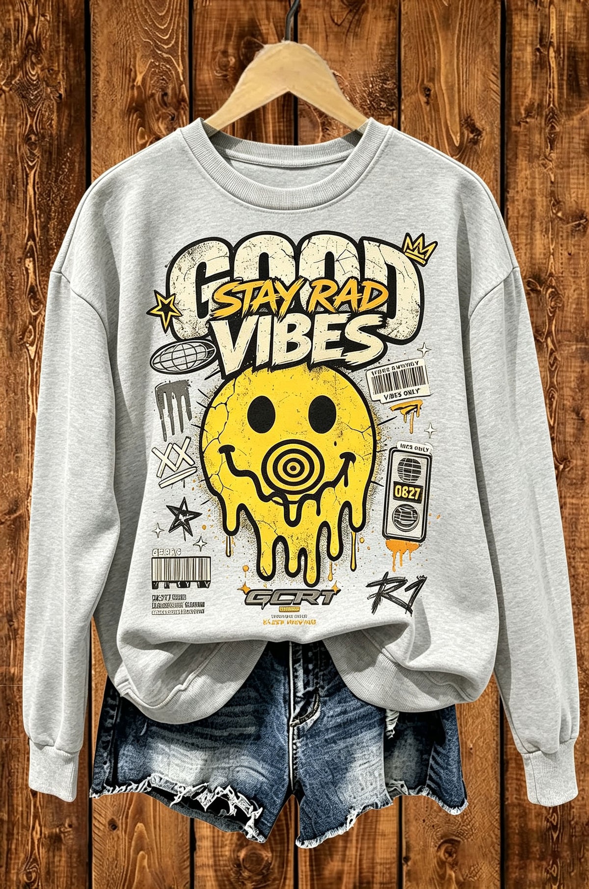 Good Vibes Stay Rad Melting Smiley Street Crewneck Sweatshirt