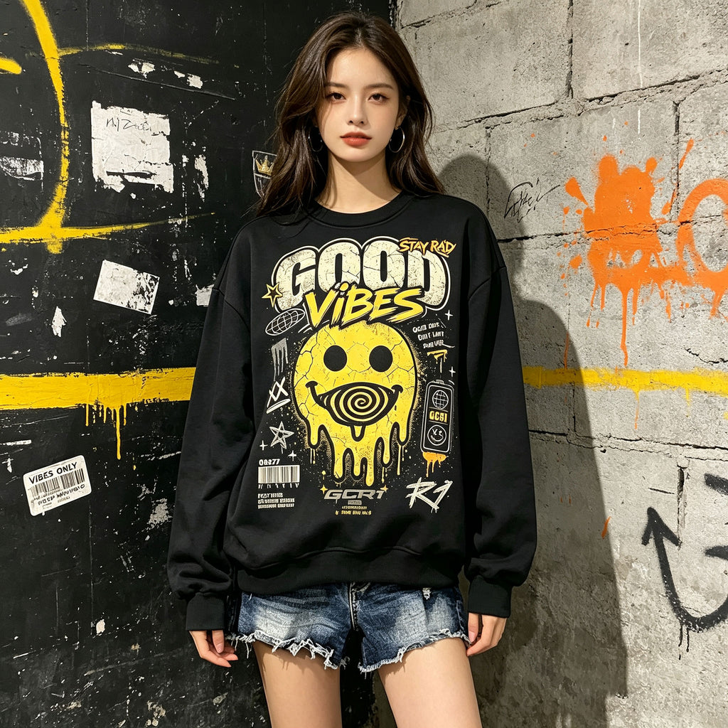 Good Vibes Stay Rad Melting Smiley Street Crewneck Sweatshirt