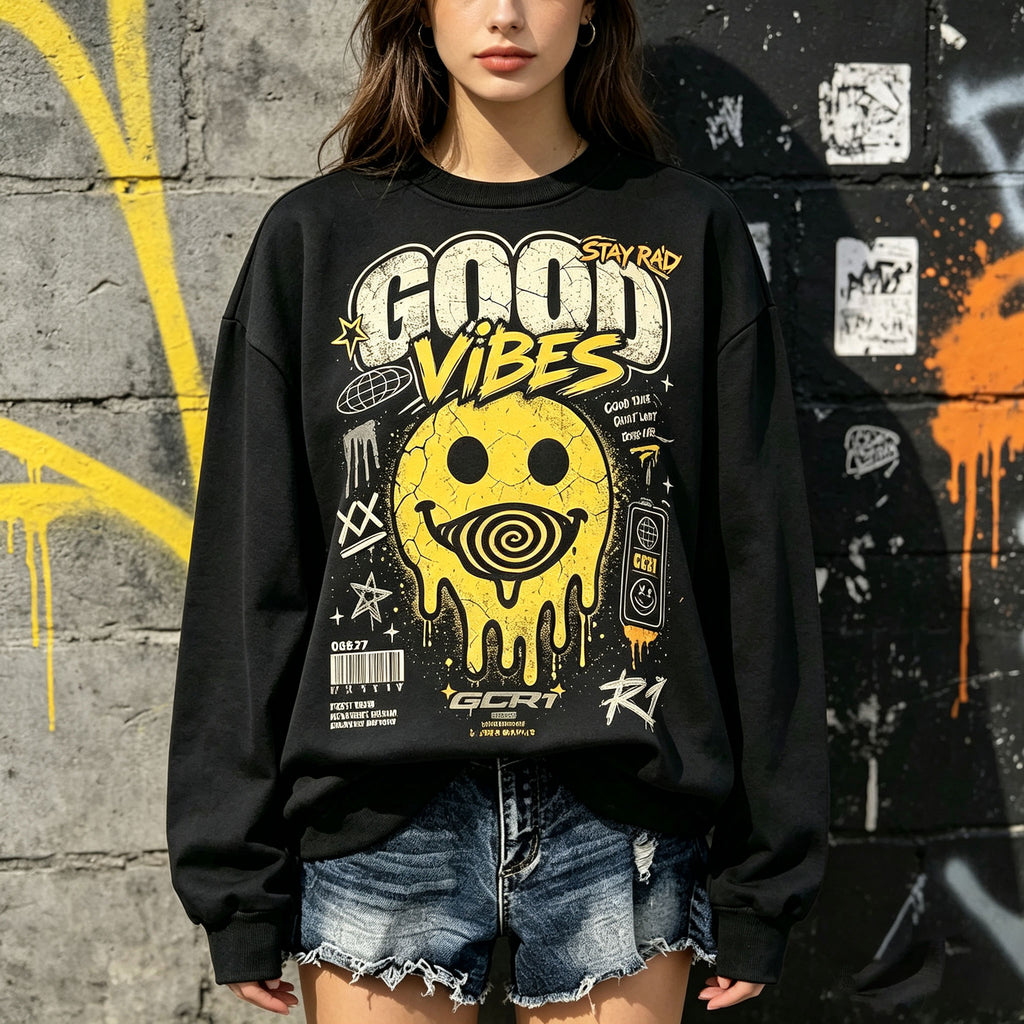 Good Vibes Stay Rad Melting Smiley Street Crewneck Sweatshirt