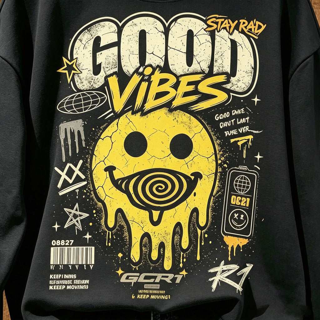 Good Vibes Stay Rad Melting Smiley Street Crewneck Sweatshirt