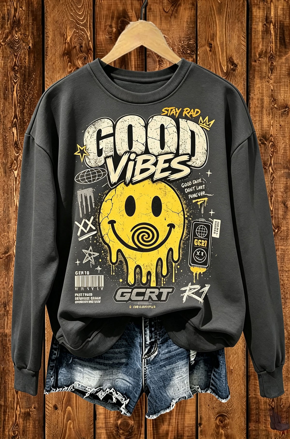 Good Vibes Stay Rad Melting Smiley Street Crewneck Sweatshirt