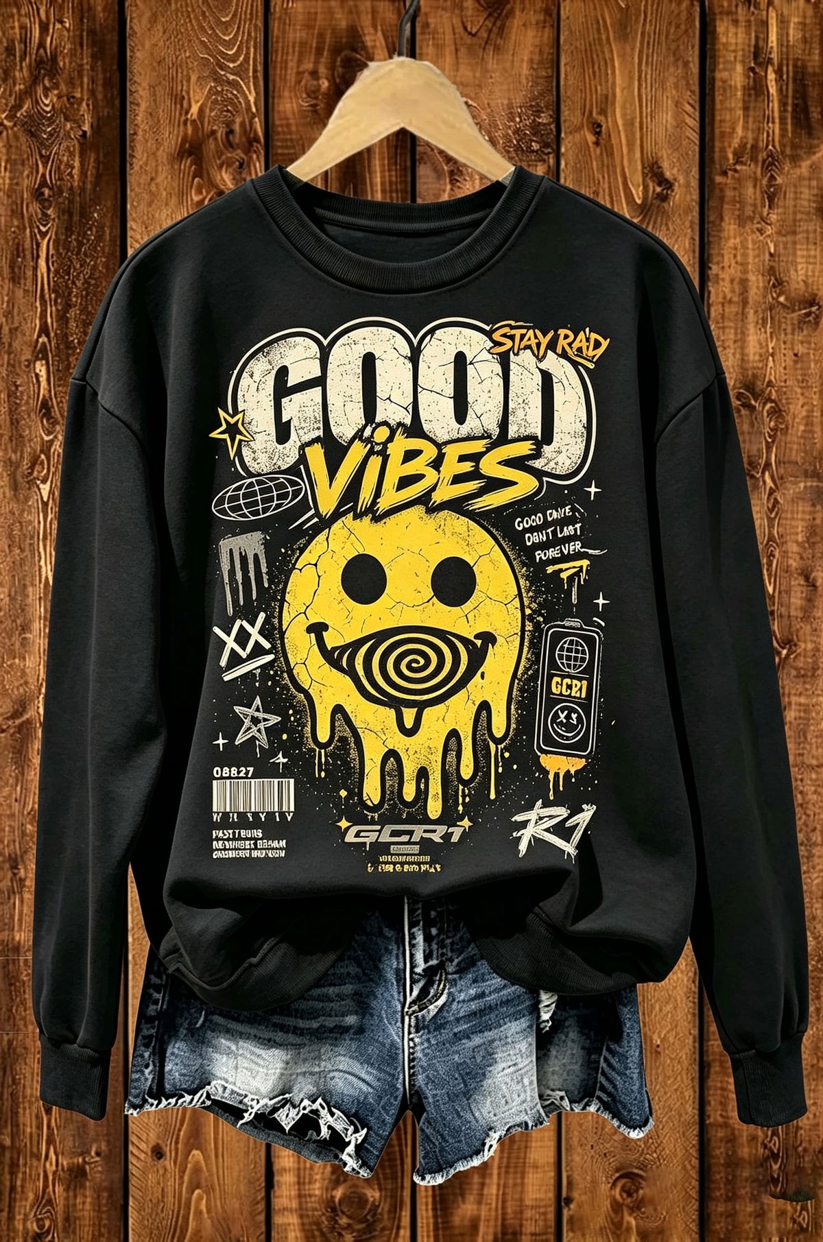 Good Vibes Stay Rad Melting Smiley Street Crewneck Sweatshirt
