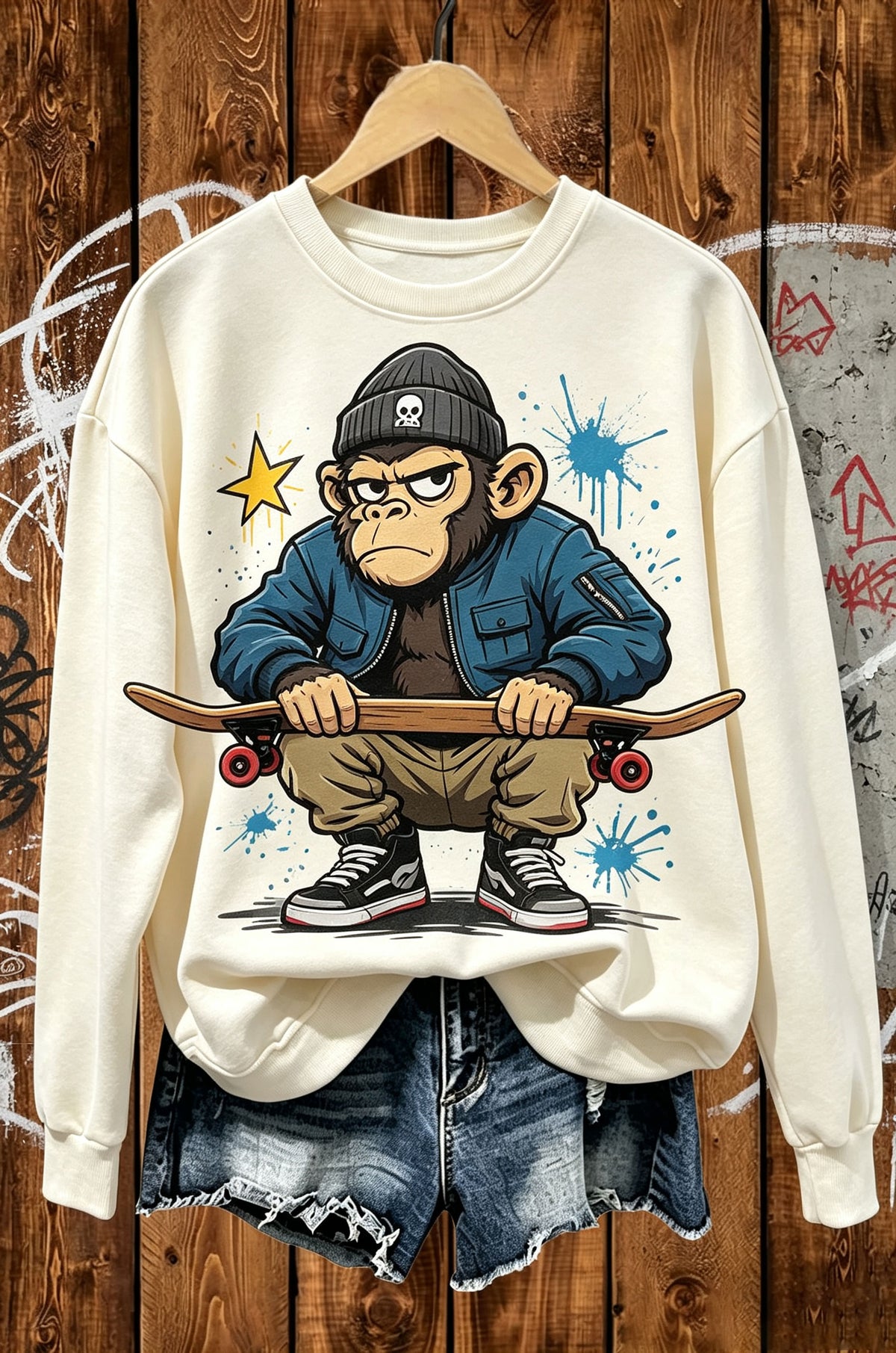 Skateboard Monkey Graffiti Streetwear Crewneck Sweatshirt