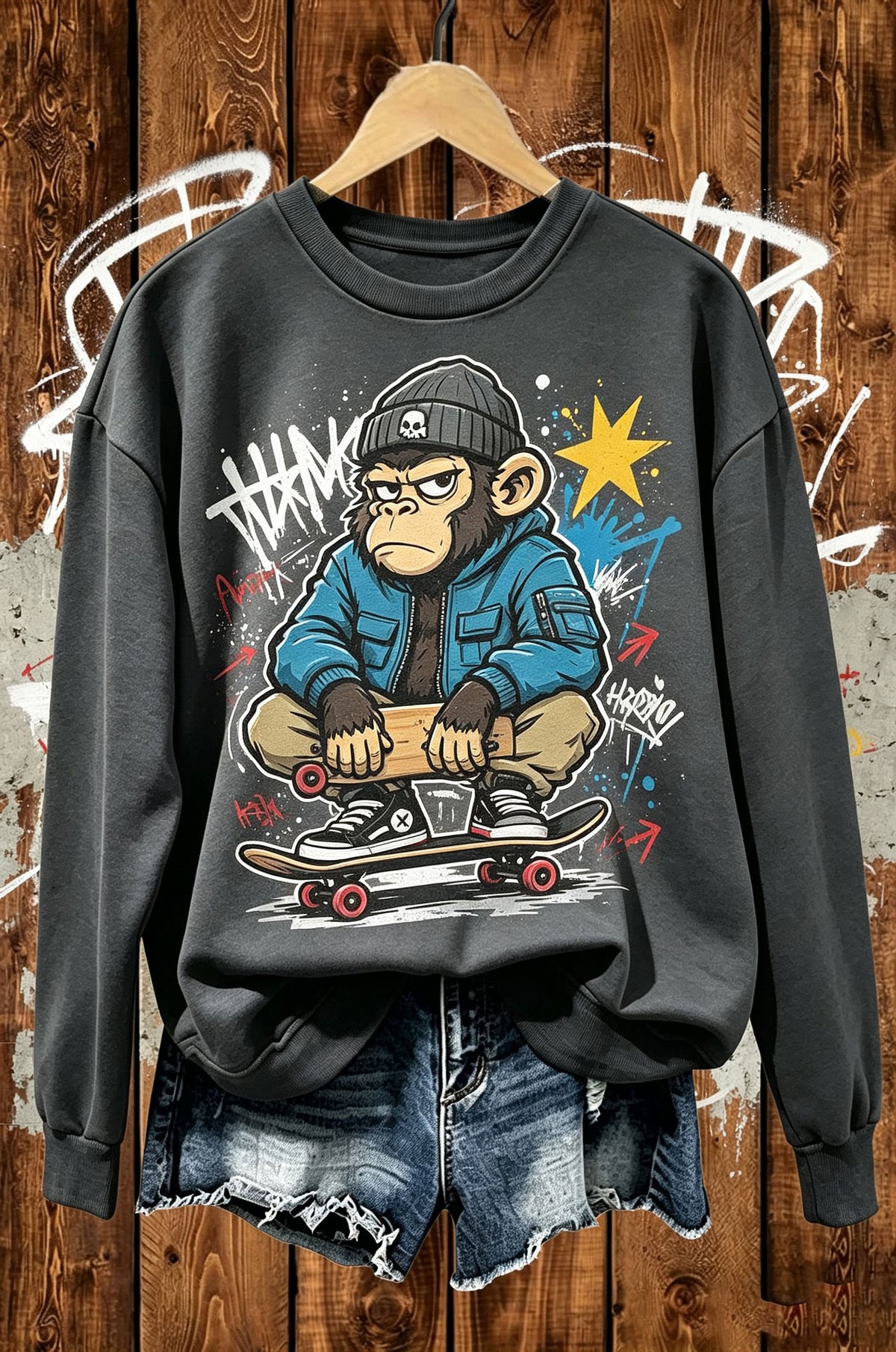 Skateboard Monkey Graffiti Streetwear Crewneck Sweatshirt