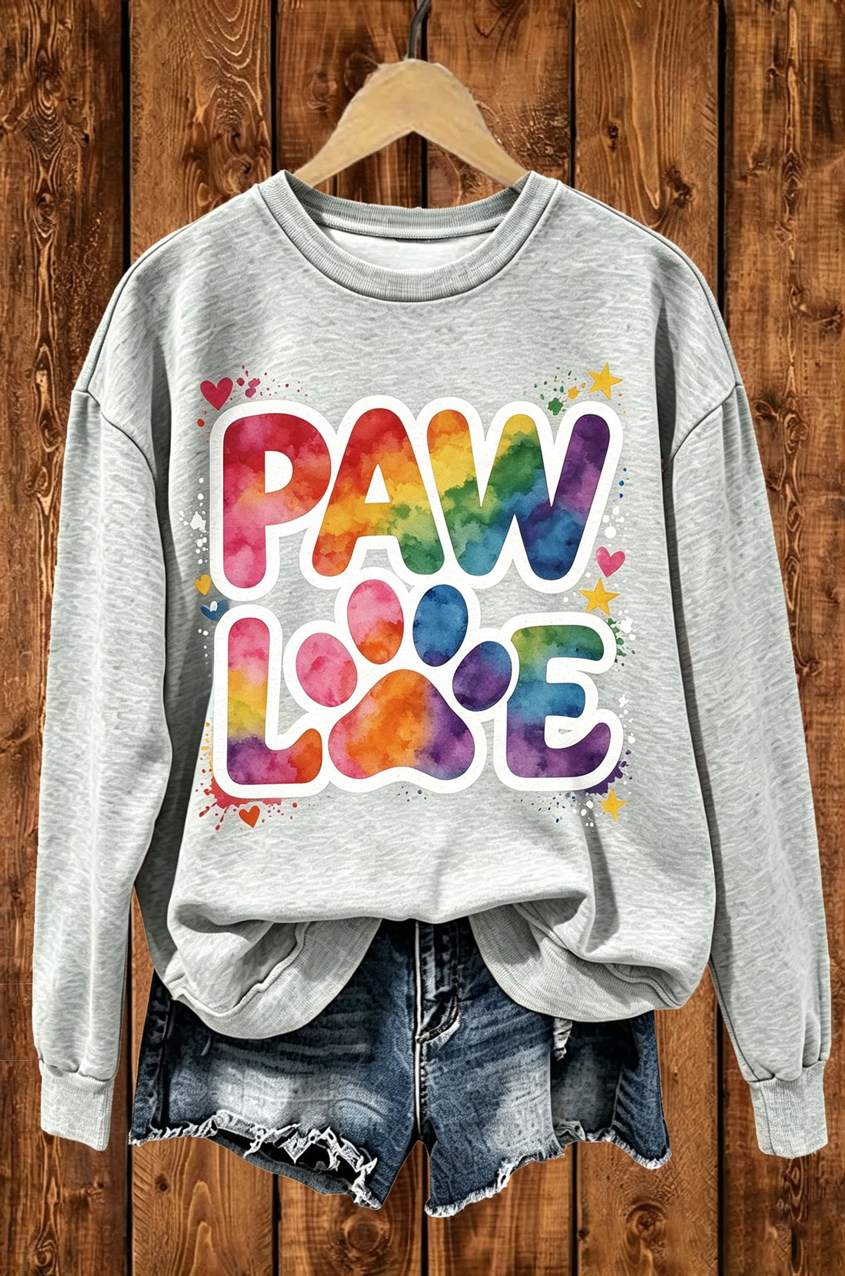 Paw Love Rainbow Paw Print Graphic Crewneck Sweatshirt
