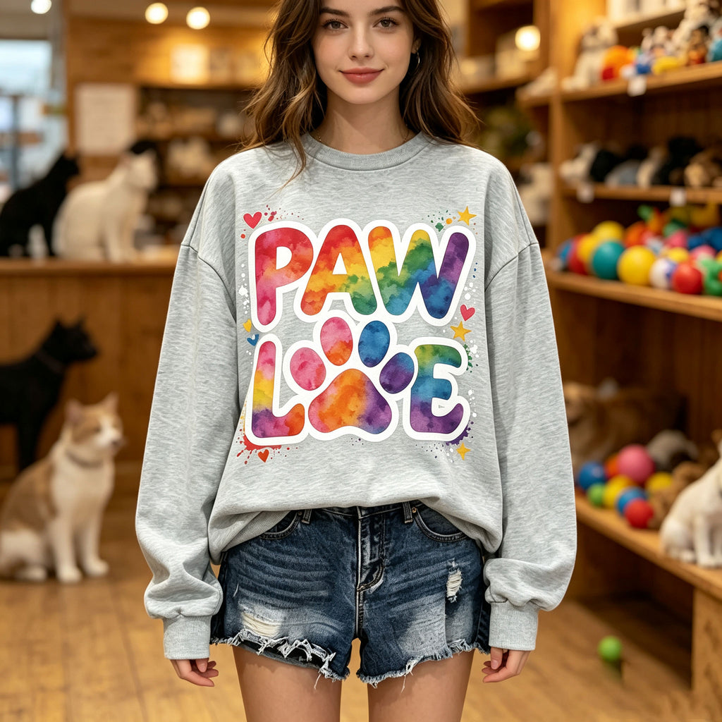 Paw Love Rainbow Paw Print Graphic Crewneck Sweatshirt