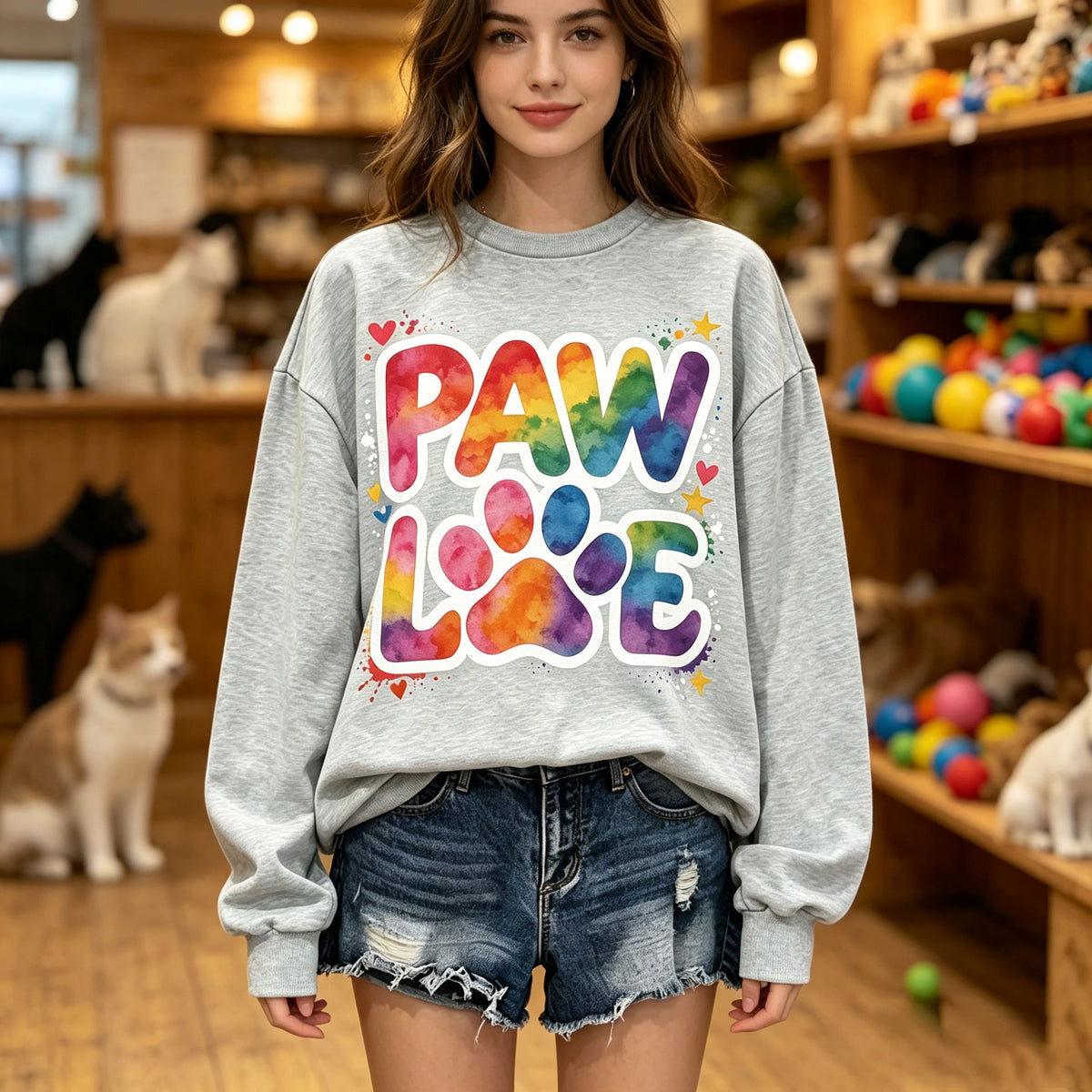 Paw Love Rainbow Paw Print Graphic Crewneck Sweatshirt
