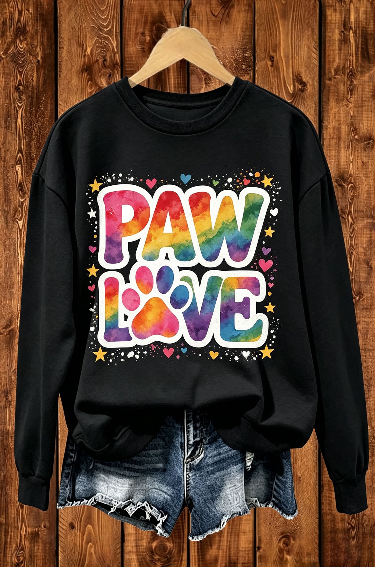 Paw Love Rainbow Paw Print Graphic Crewneck Sweatshirt