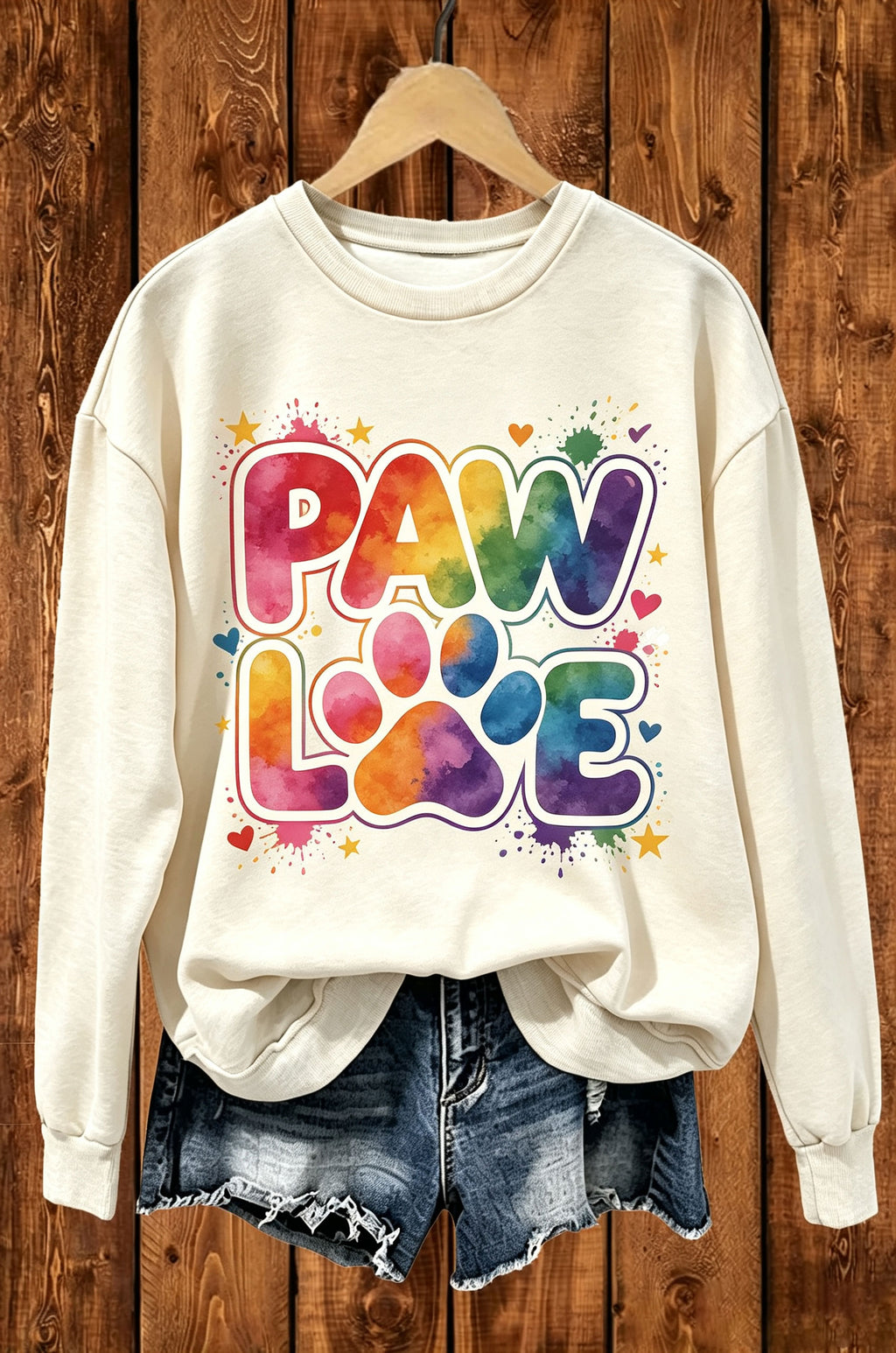 Paw Love Rainbow Paw Print Graphic Crewneck Sweatshirt