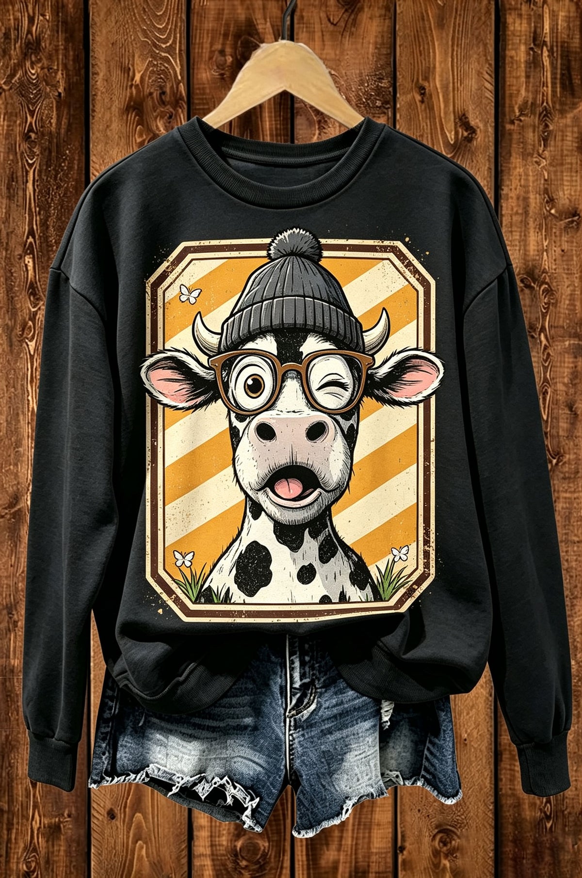 Cute Winking Cow Glasses Beanie Graphic Crewneck Sweatshirt
