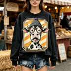Cute Winking Cow Glasses Beanie Graphic Crewneck Sweatshirt