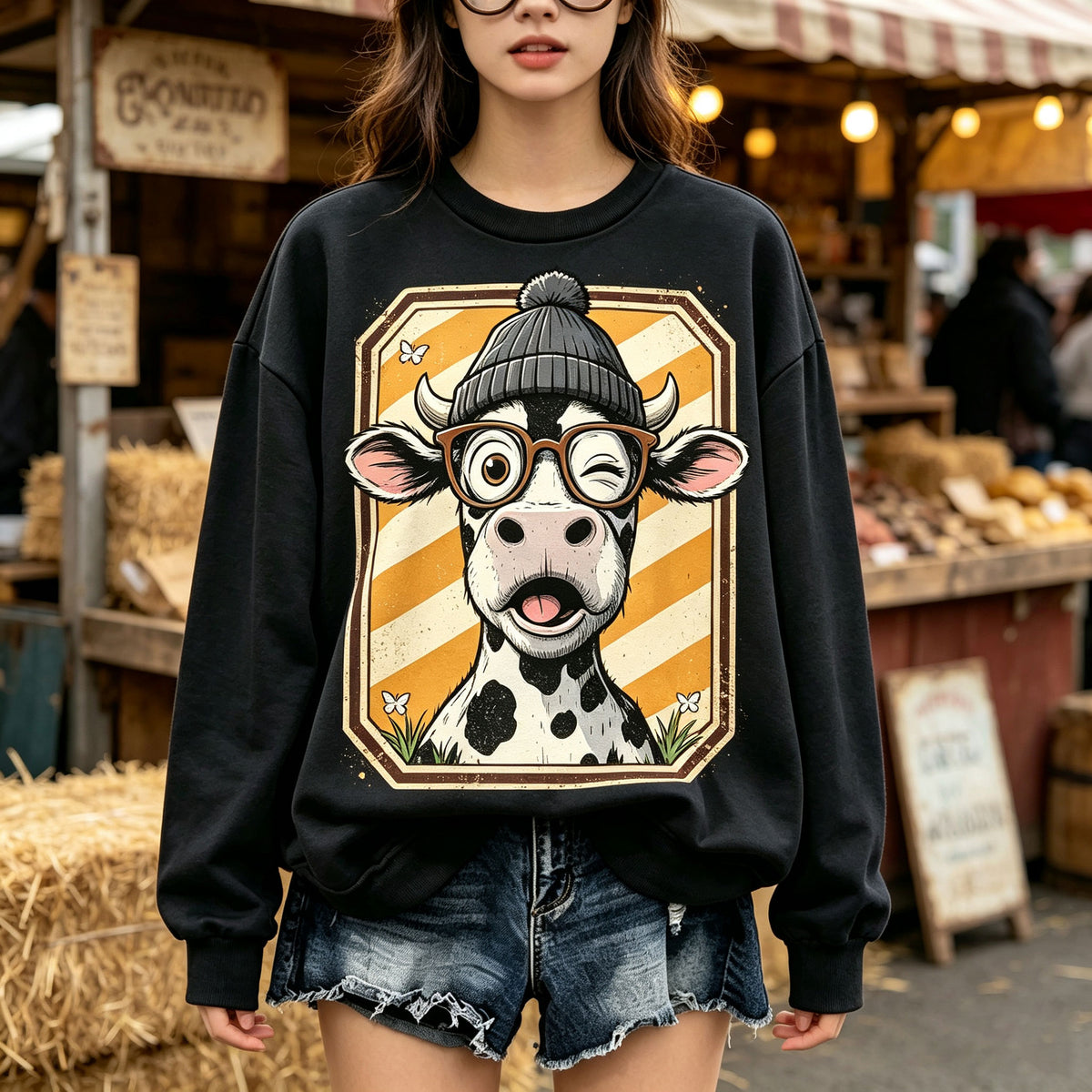 Cute Winking Cow Glasses Beanie Graphic Crewneck Sweatshirt