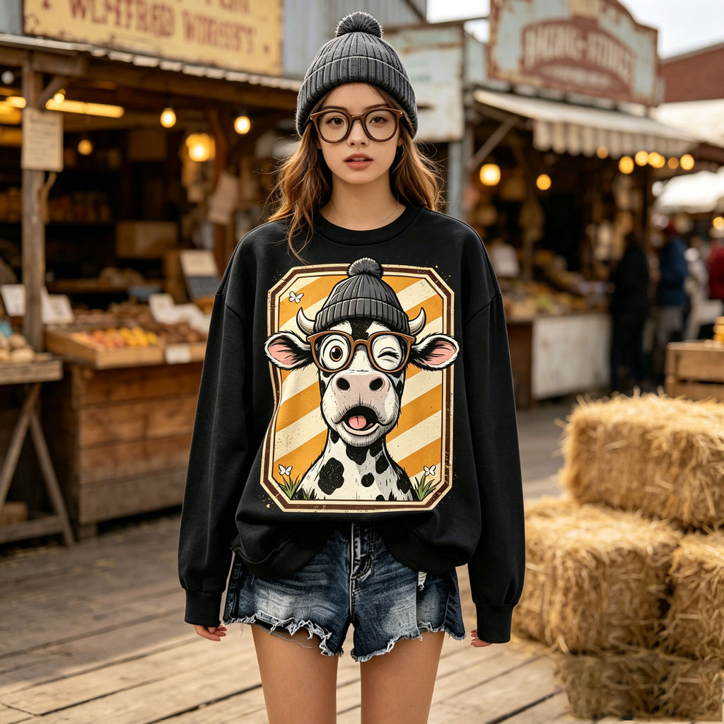 Cute Winking Cow Glasses Beanie Graphic Crewneck Sweatshirt