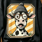 Cute Winking Cow Glasses Beanie Graphic Crewneck Sweatshirt