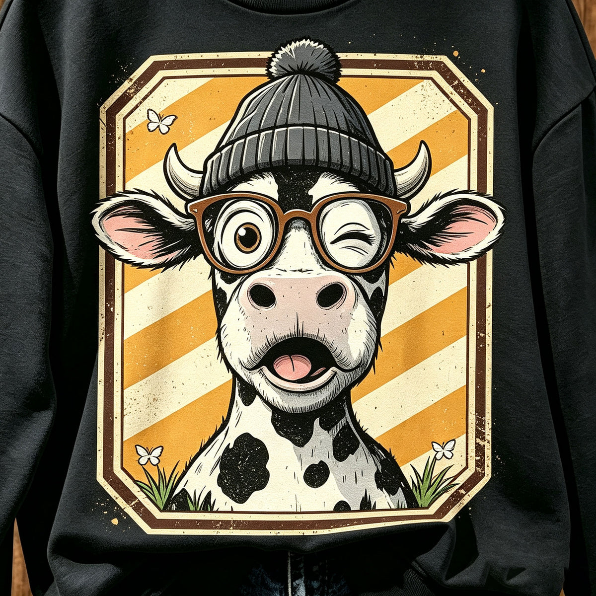 Cute Winking Cow Glasses Beanie Graphic Crewneck Sweatshirt