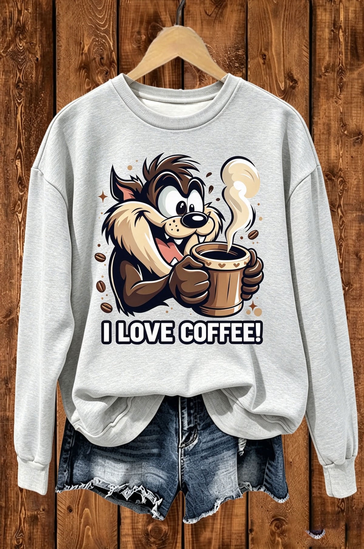 I Love Coffee Cartoon Devil Coffee Graphic Crewneck Sweatshirt