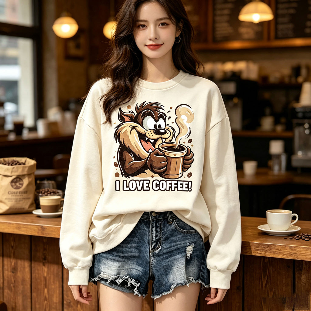 I Love Coffee Cartoon Devil Coffee Graphic Crewneck Sweatshirt