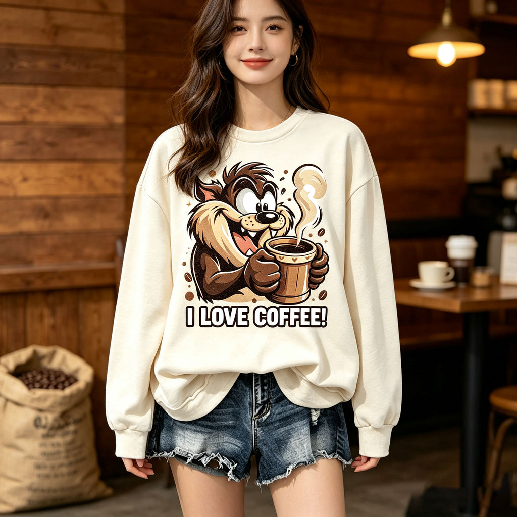 I Love Coffee Cartoon Devil Coffee Graphic Crewneck Sweatshirt