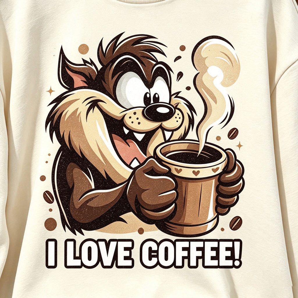 I Love Coffee Cartoon Devil Coffee Graphic Crewneck Sweatshirt