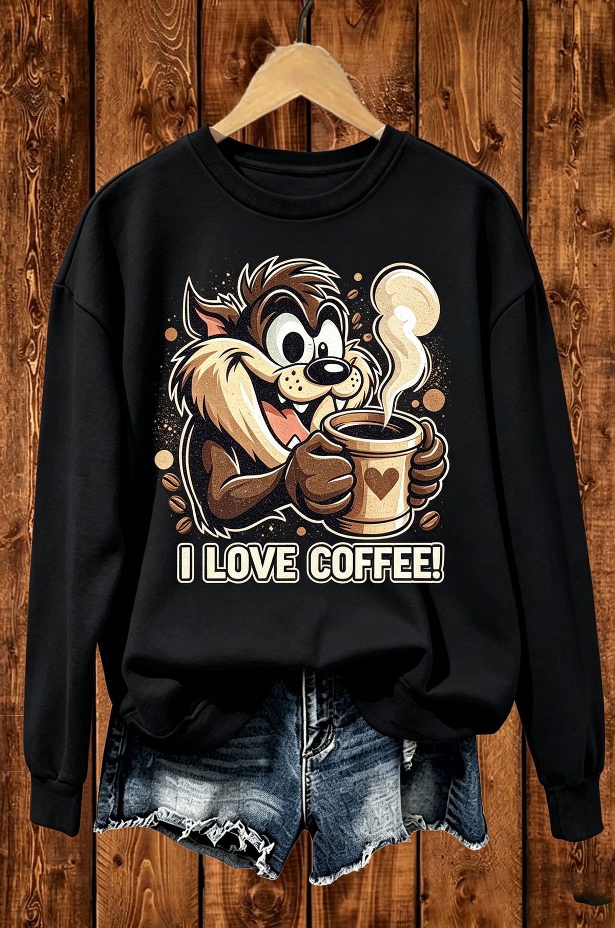 I Love Coffee Cartoon Devil Coffee Graphic Crewneck Sweatshirt
