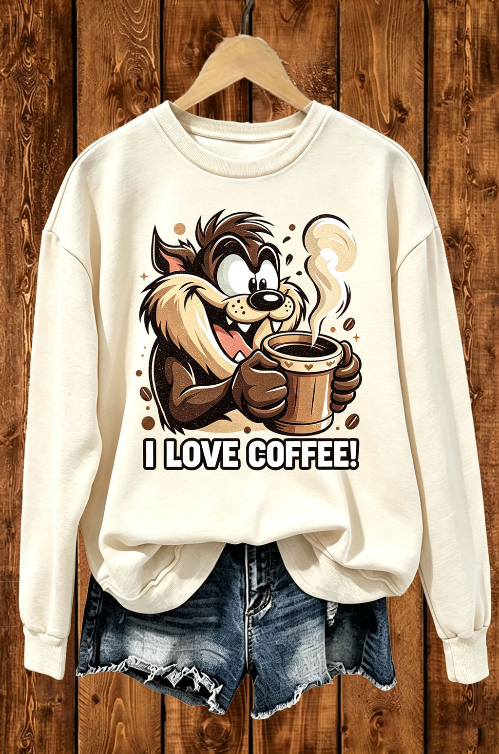 I Love Coffee Cartoon Devil Coffee Graphic Crewneck Sweatshirt