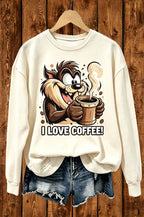 I Love Coffee Cartoon Devil Coffee Graphic Crewneck Sweatshirt