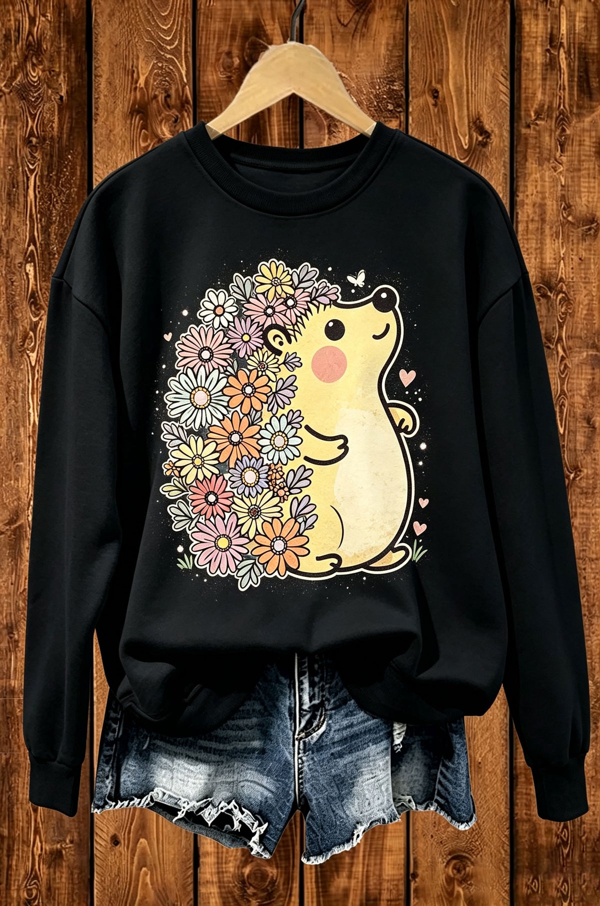 Cute Flower Hedgehog Graphic Crewneck Sweatshirt