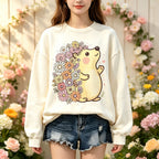 Cute Flower Hedgehog Graphic Crewneck Sweatshirt