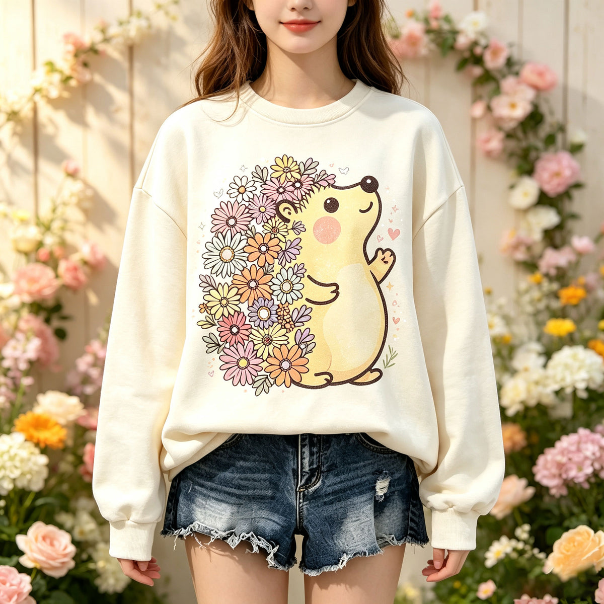 Cute Flower Hedgehog Graphic Crewneck Sweatshirt