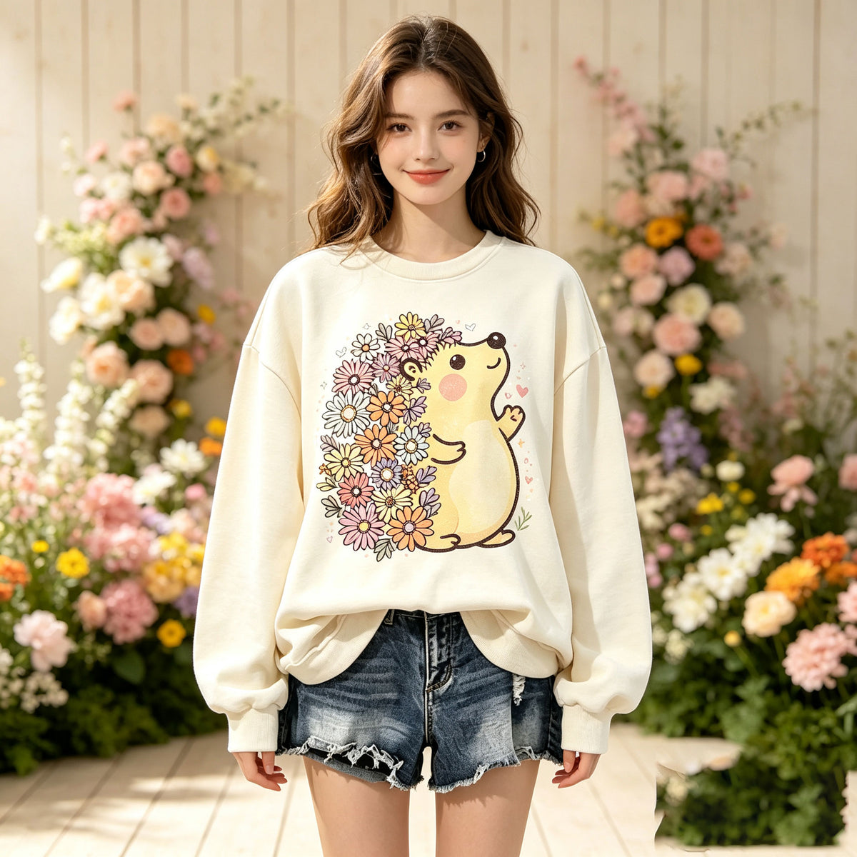 Cute Flower Hedgehog Graphic Crewneck Sweatshirt