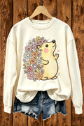 Cute Flower Hedgehog Graphic Crewneck Sweatshirt