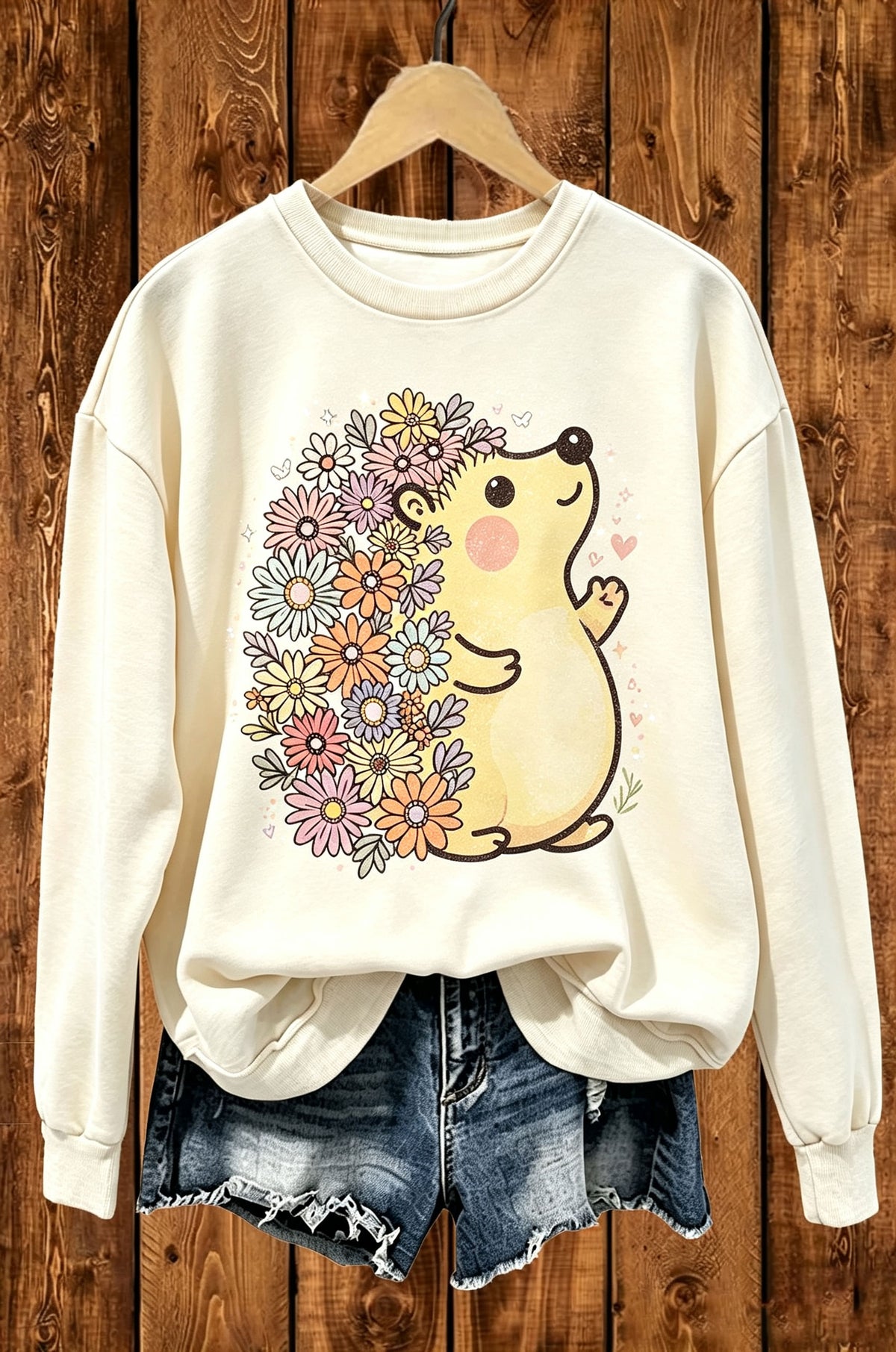 Cute Flower Hedgehog Graphic Crewneck Sweatshirt
