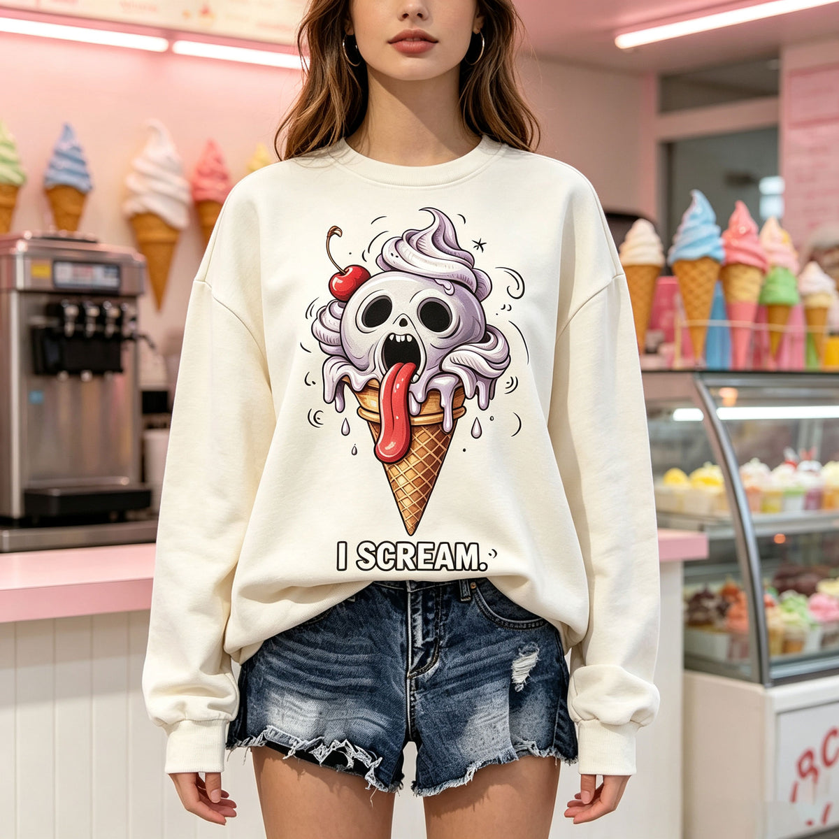 I Scream Skull Ice Cream Funny Graphic Crewneck Sweatshirt