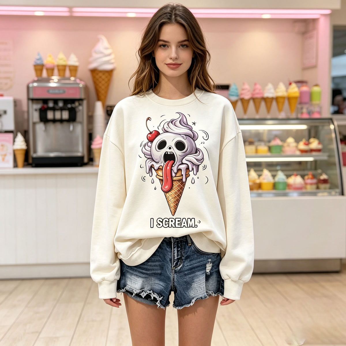 I Scream Skull Ice Cream Funny Graphic Crewneck Sweatshirt