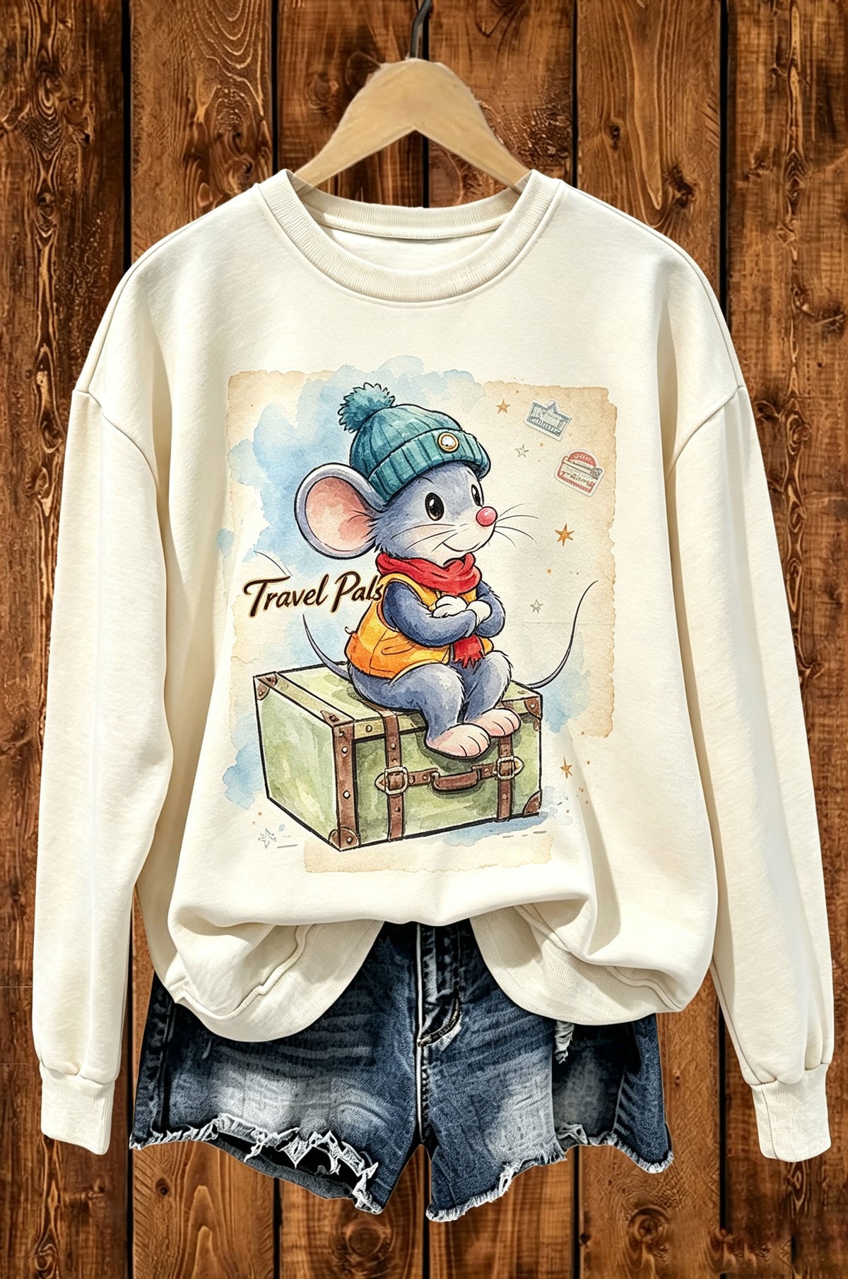 Travel Pals Cute Travel Mouse Graphic Crewneck Sweatshirt