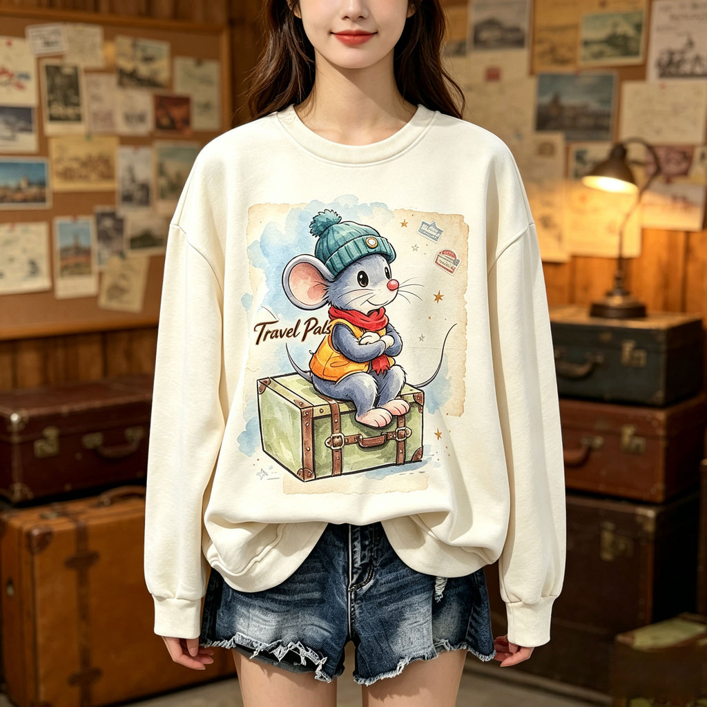 Travel Pals Cute Travel Mouse Graphic Crewneck Sweatshirt