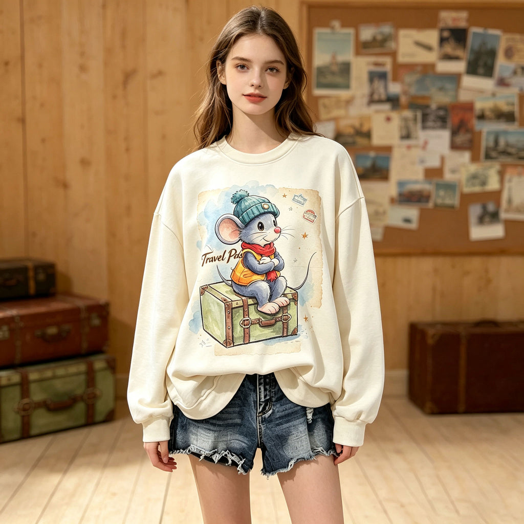 Travel Pals Cute Travel Mouse Graphic Crewneck Sweatshirt