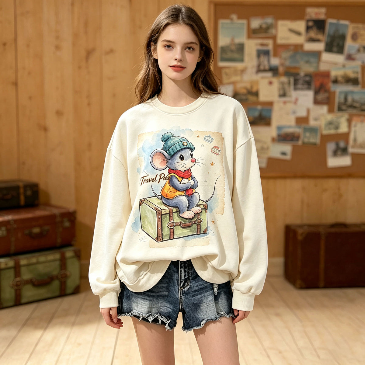 Travel Pals Cute Travel Mouse Graphic Crewneck Sweatshirt