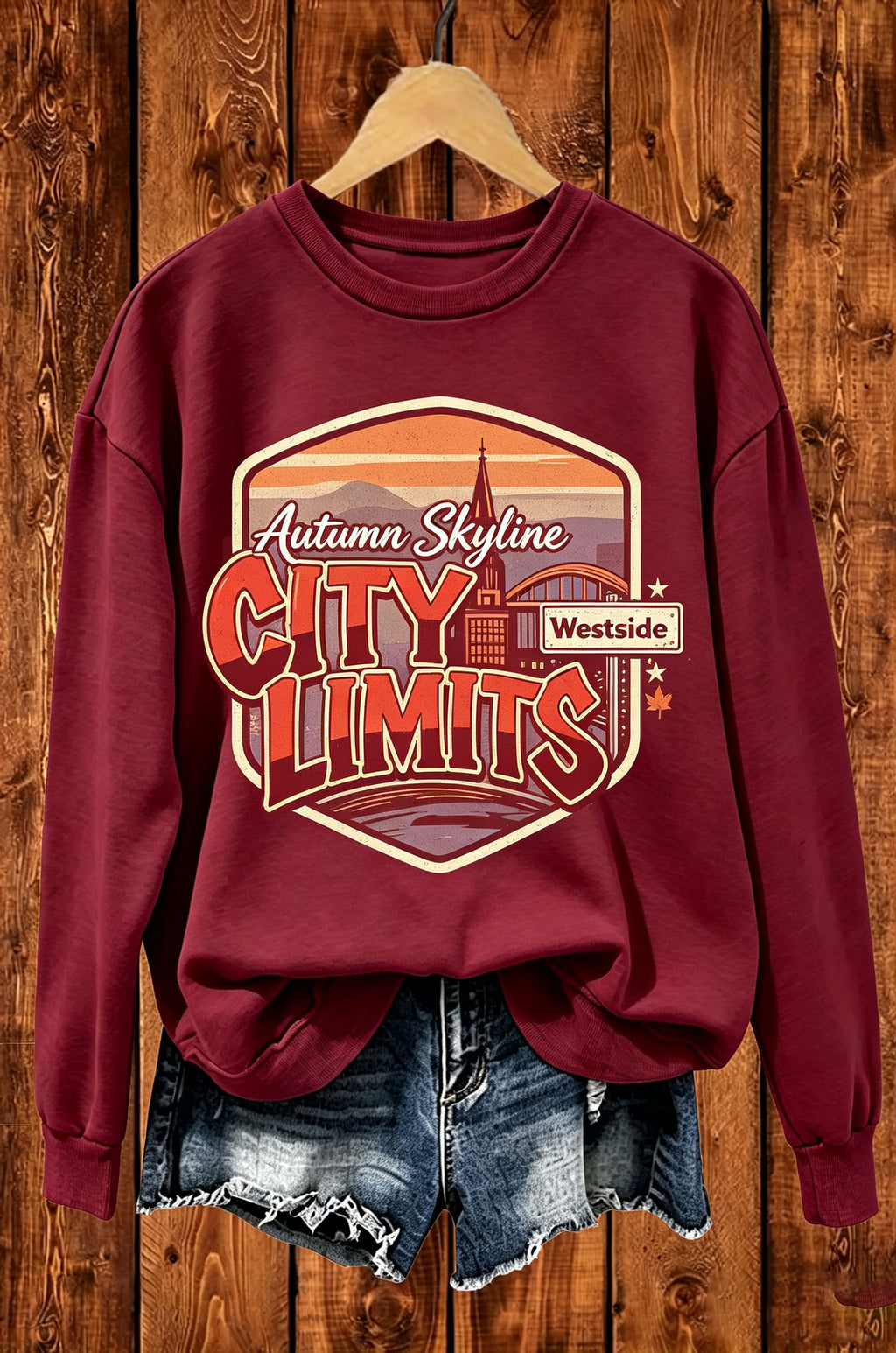 Autumn Skyline City Limits Retro Graphic Crewneck Sweatshirt