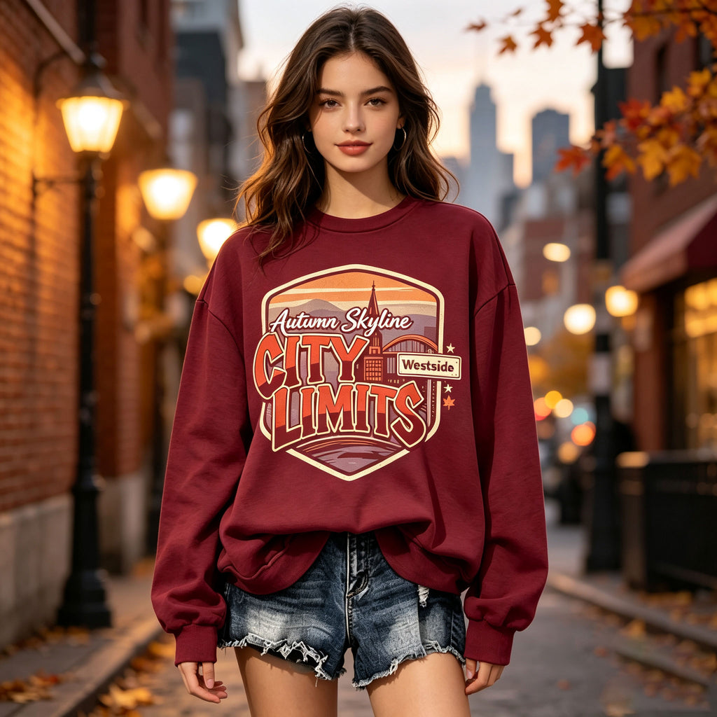 Autumn Skyline City Limits Retro Graphic Crewneck Sweatshirt