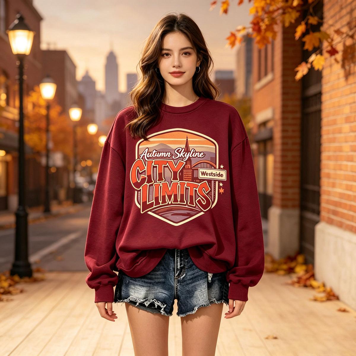 Autumn Skyline City Limits Retro Graphic Crewneck Sweatshirt