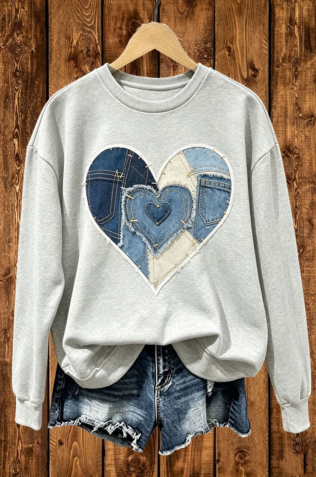 Denim Patchwork Stitched Heart Crewneck Sweatshirt