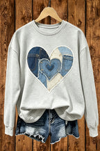 Denim Patchwork Stitched Heart Crewneck Sweatshirt